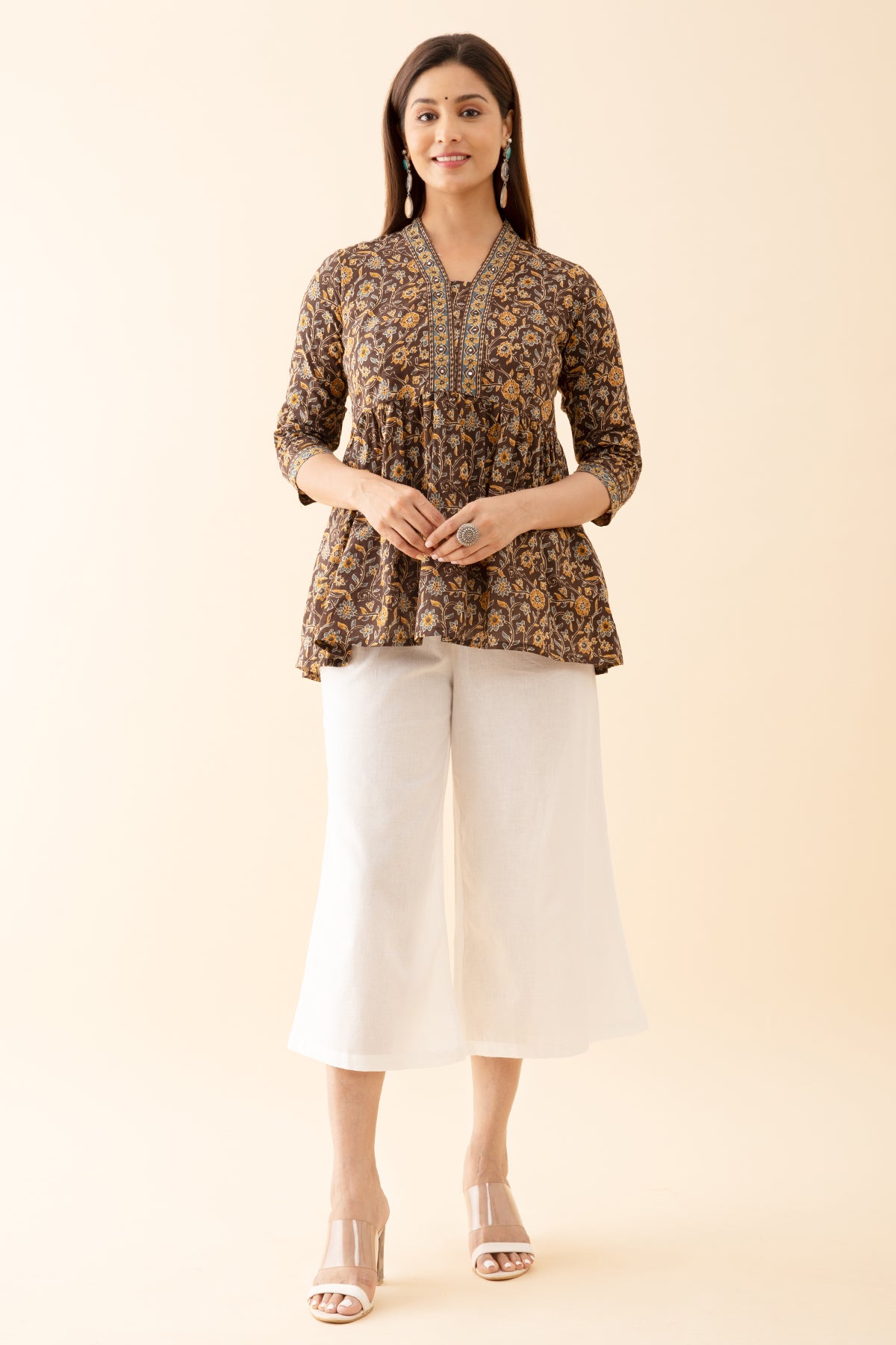 Floral Printed Tunic with Foil Mirror Embeliishments Brown