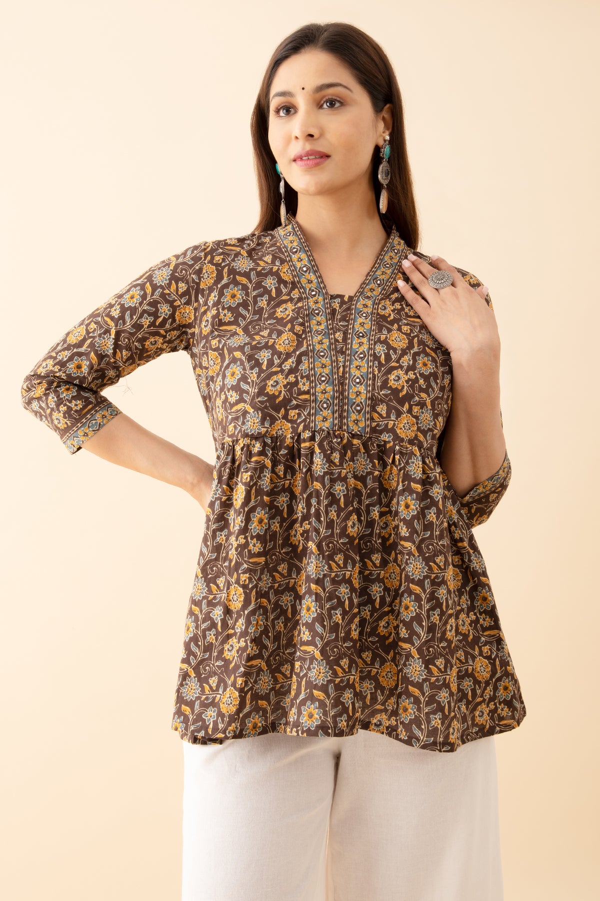 Floral Printed Tunic with Foil Mirror Embeliishments Brown