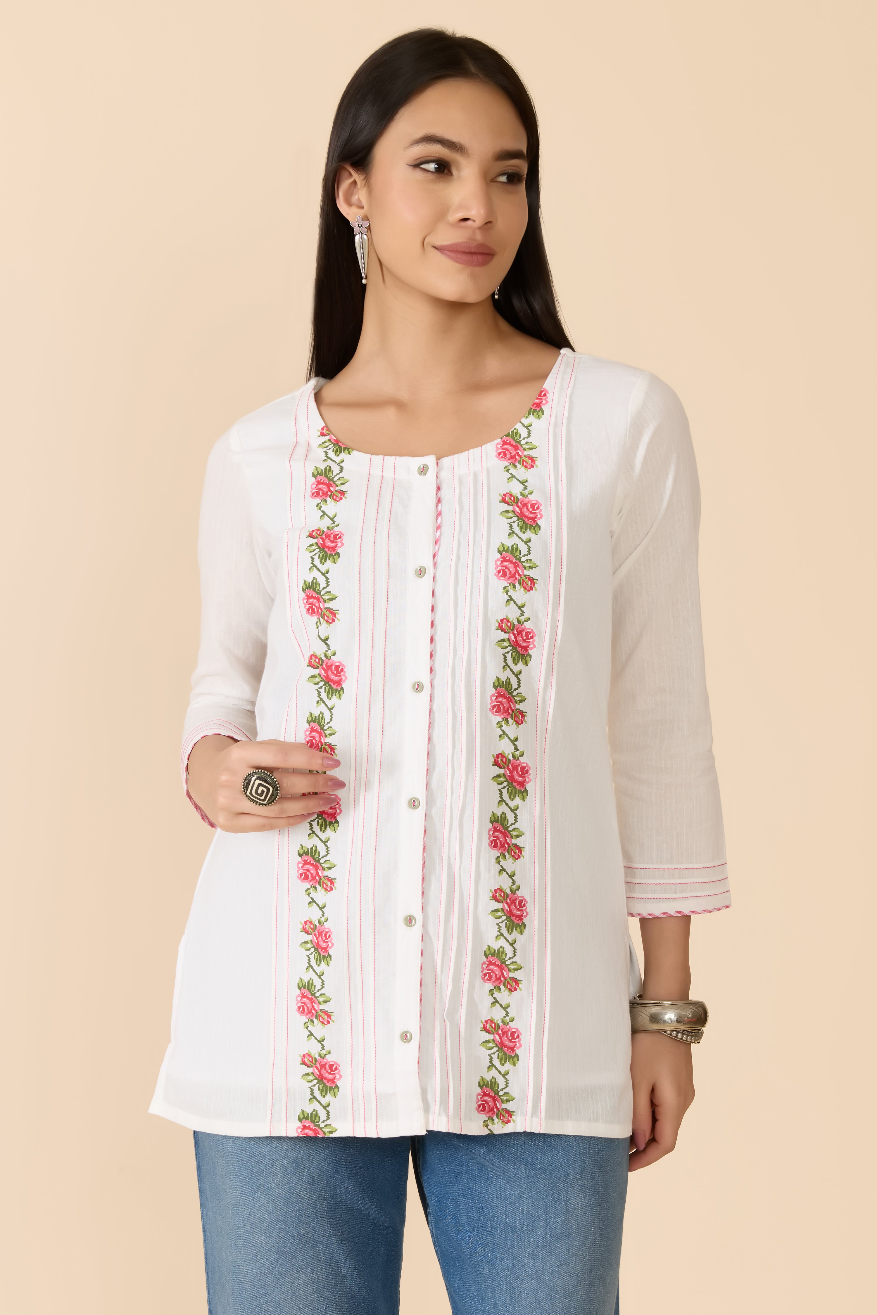 WHITE FLORAL PRINTED COTTON TUNIC