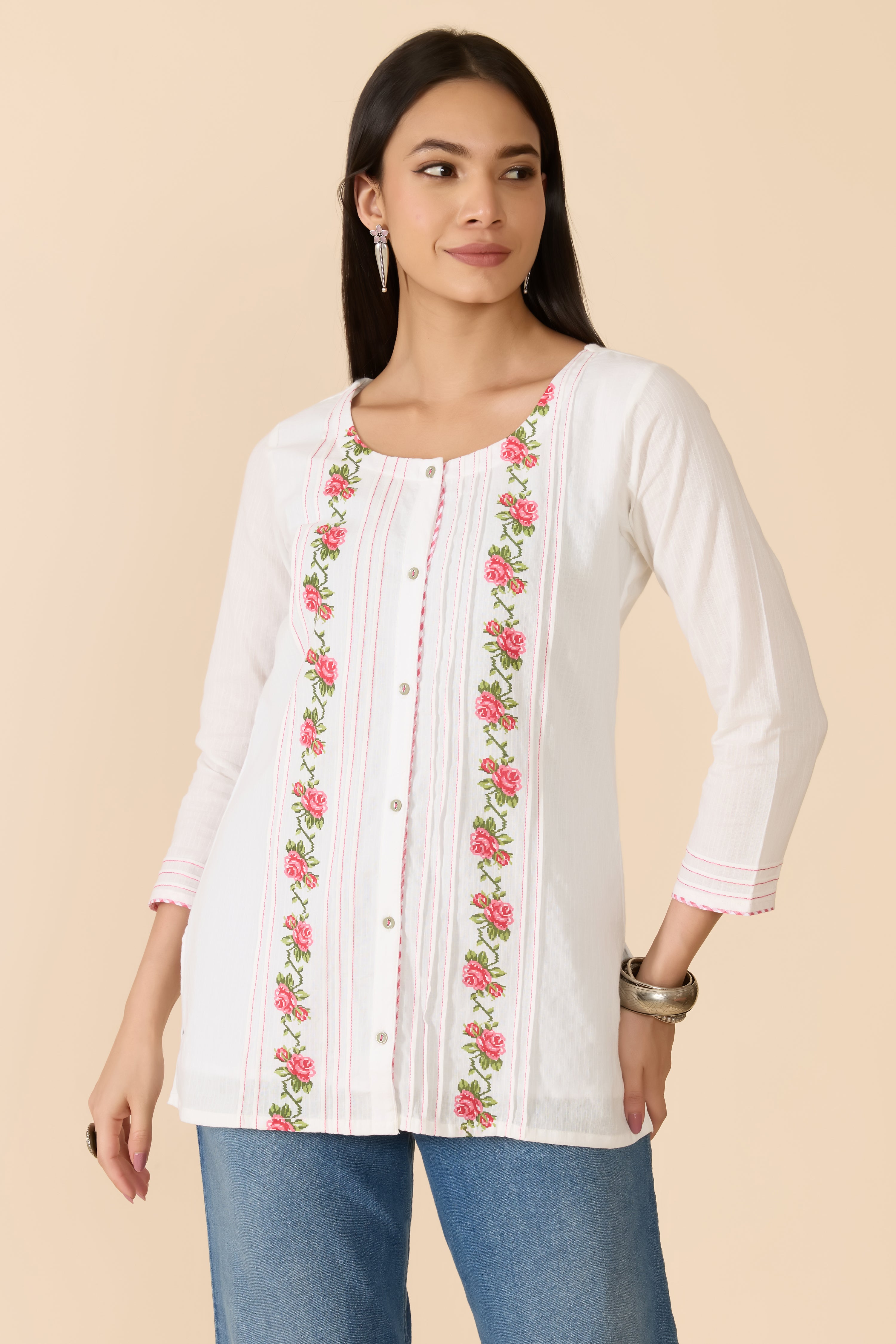 WHITE FLORAL PRINTED COTTON TUNIC
