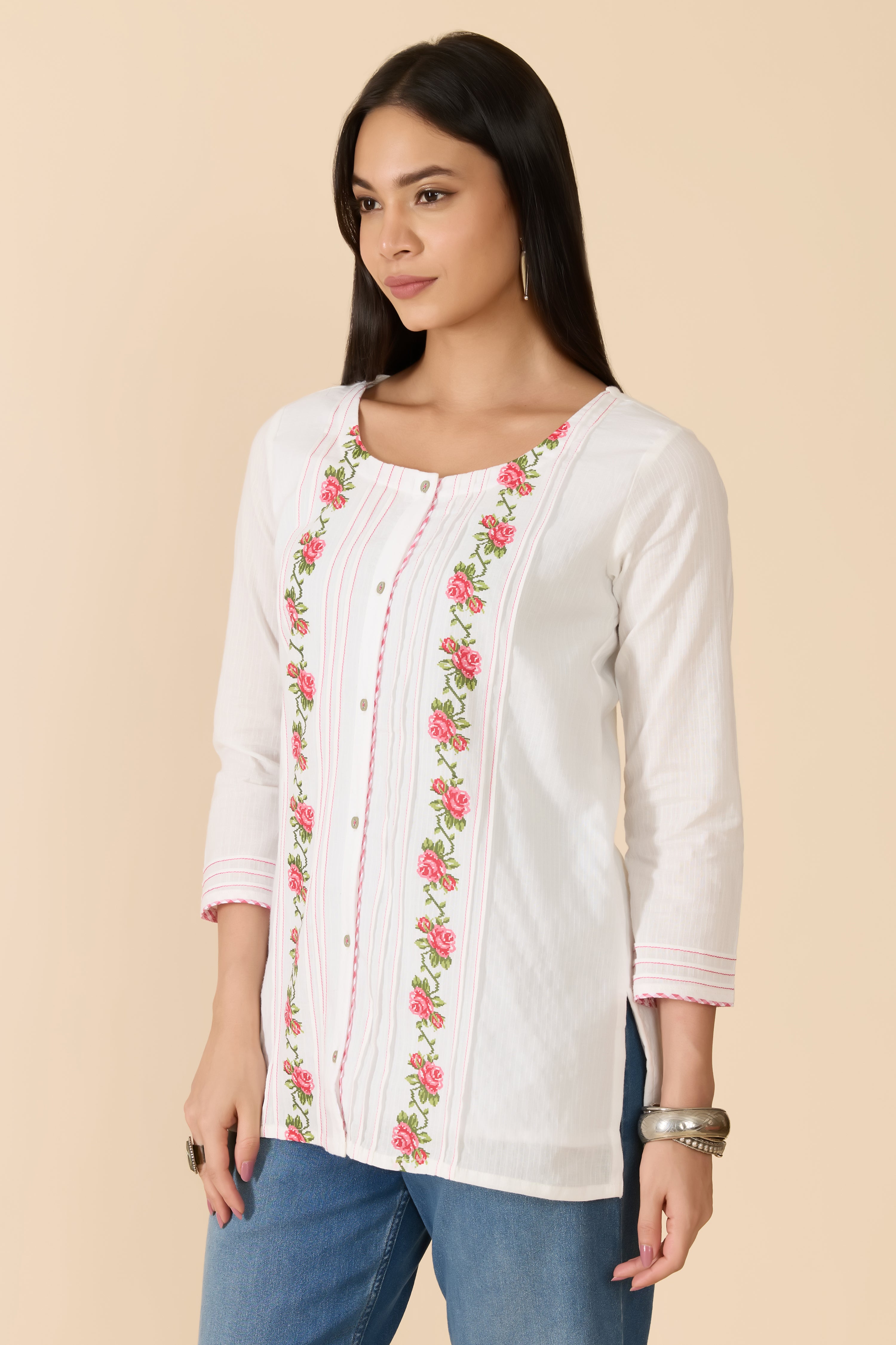 WHITE FLORAL PRINTED COTTON TUNIC