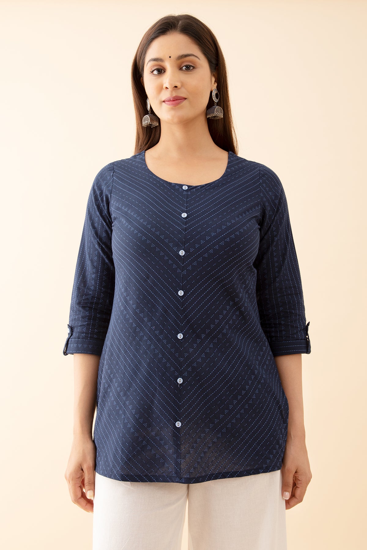 Striped Monochromatic Dobby Weave Tunic Blue