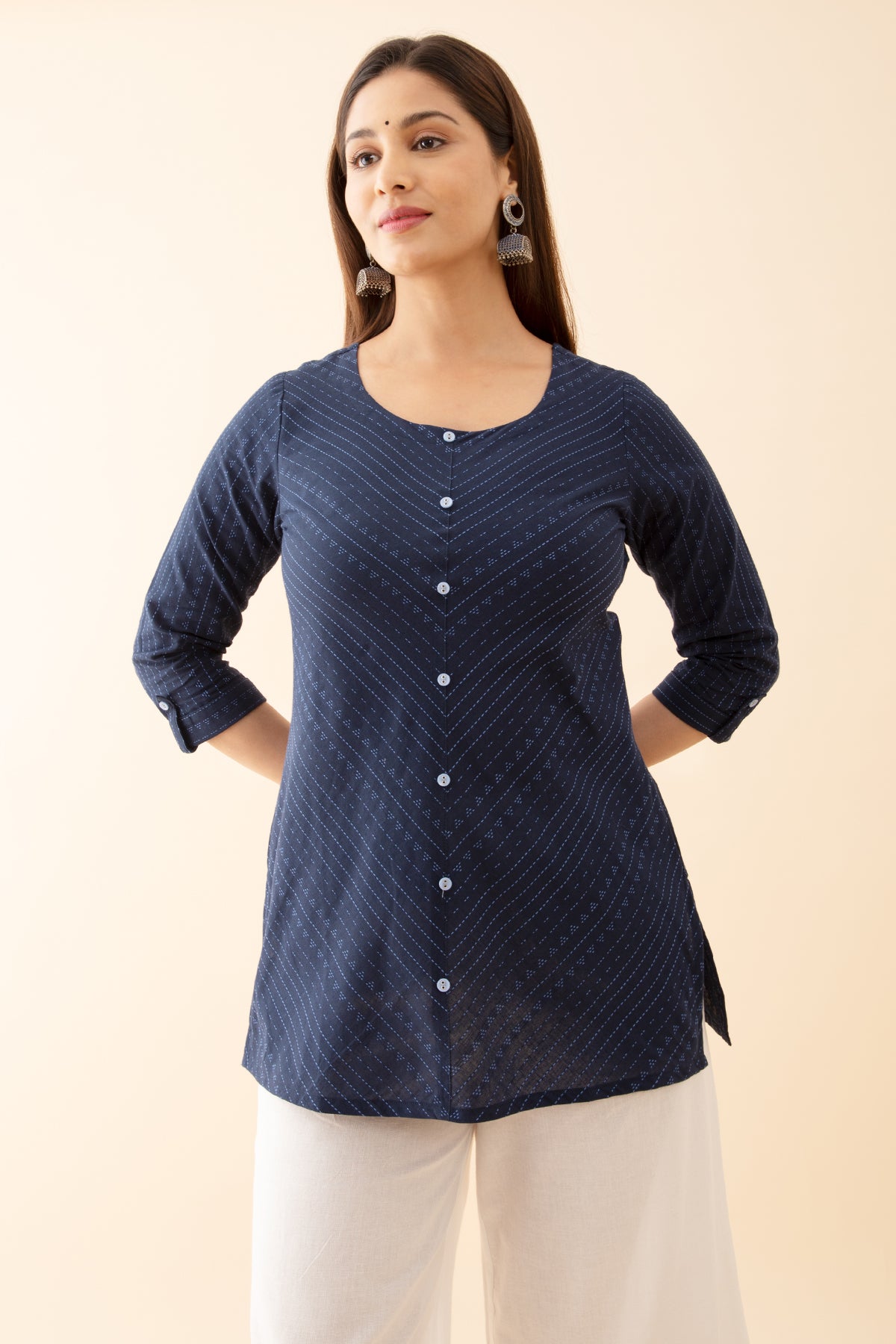 Striped Monochromatic Dobby Weave Tunic Blue