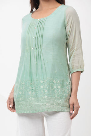 Pin Tuck Tunic with Cutwork - Green