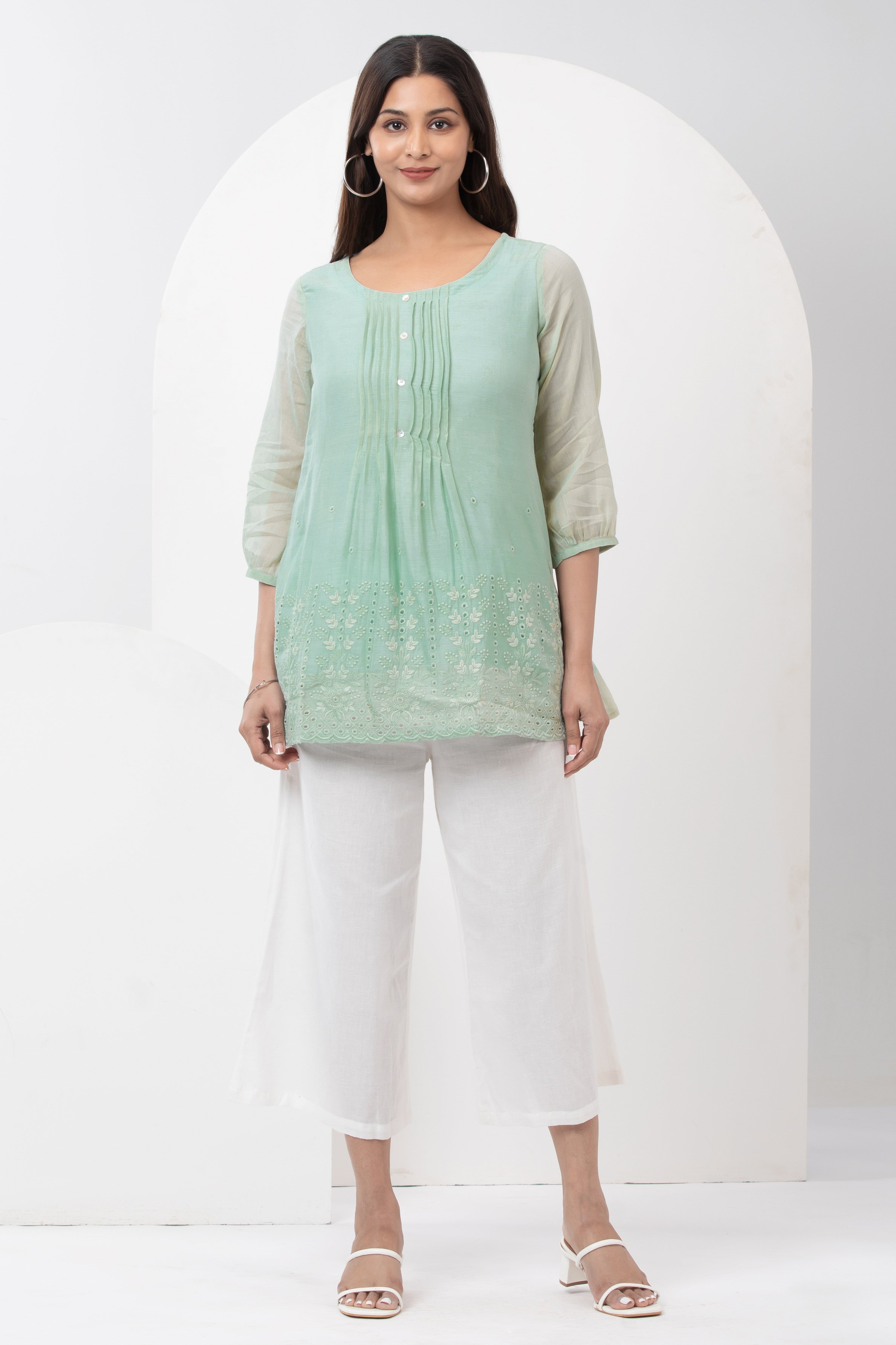 Pin Tuck Tunic with Cutwork - Green