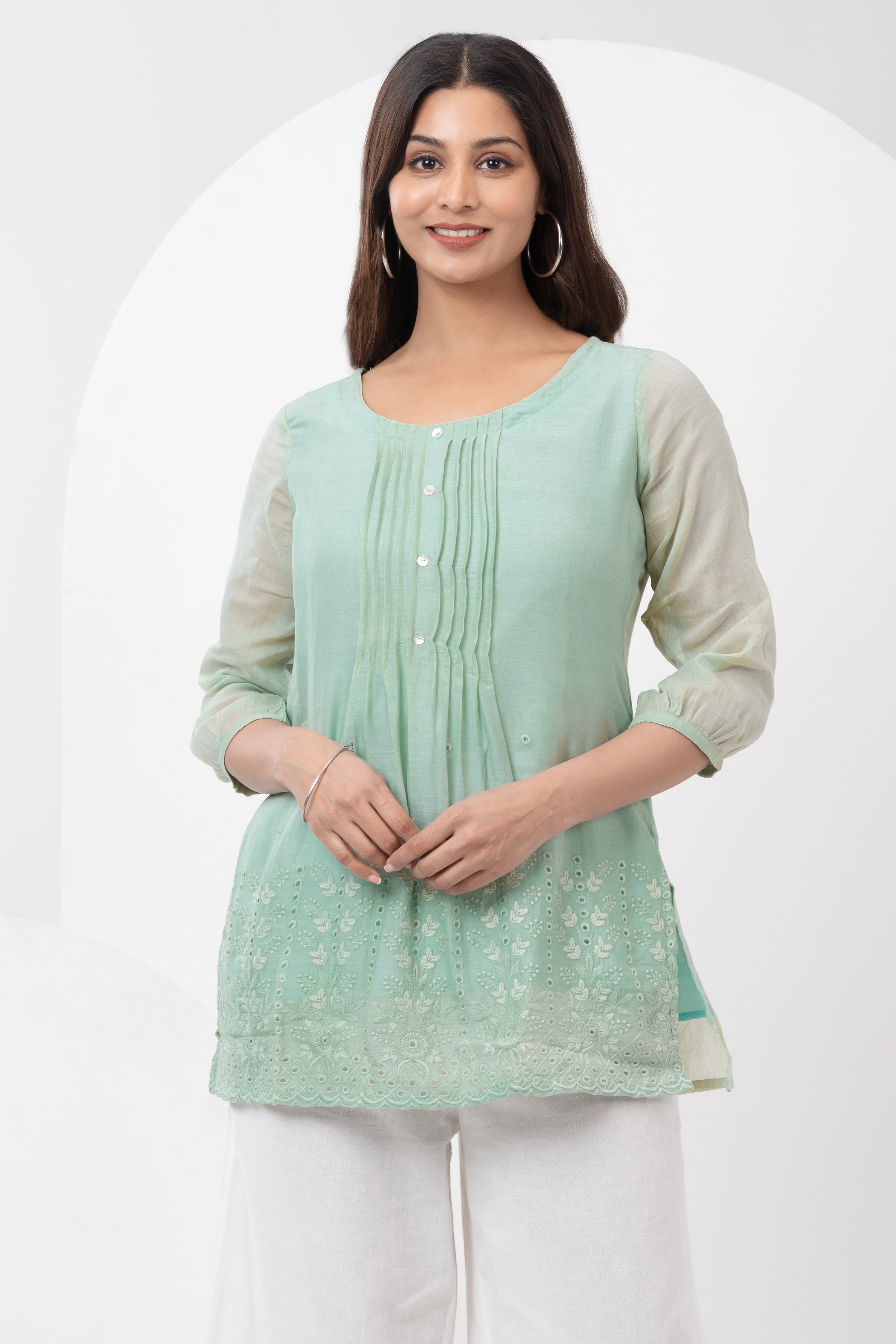 Pin Tuck Tunic with Cutwork - Green