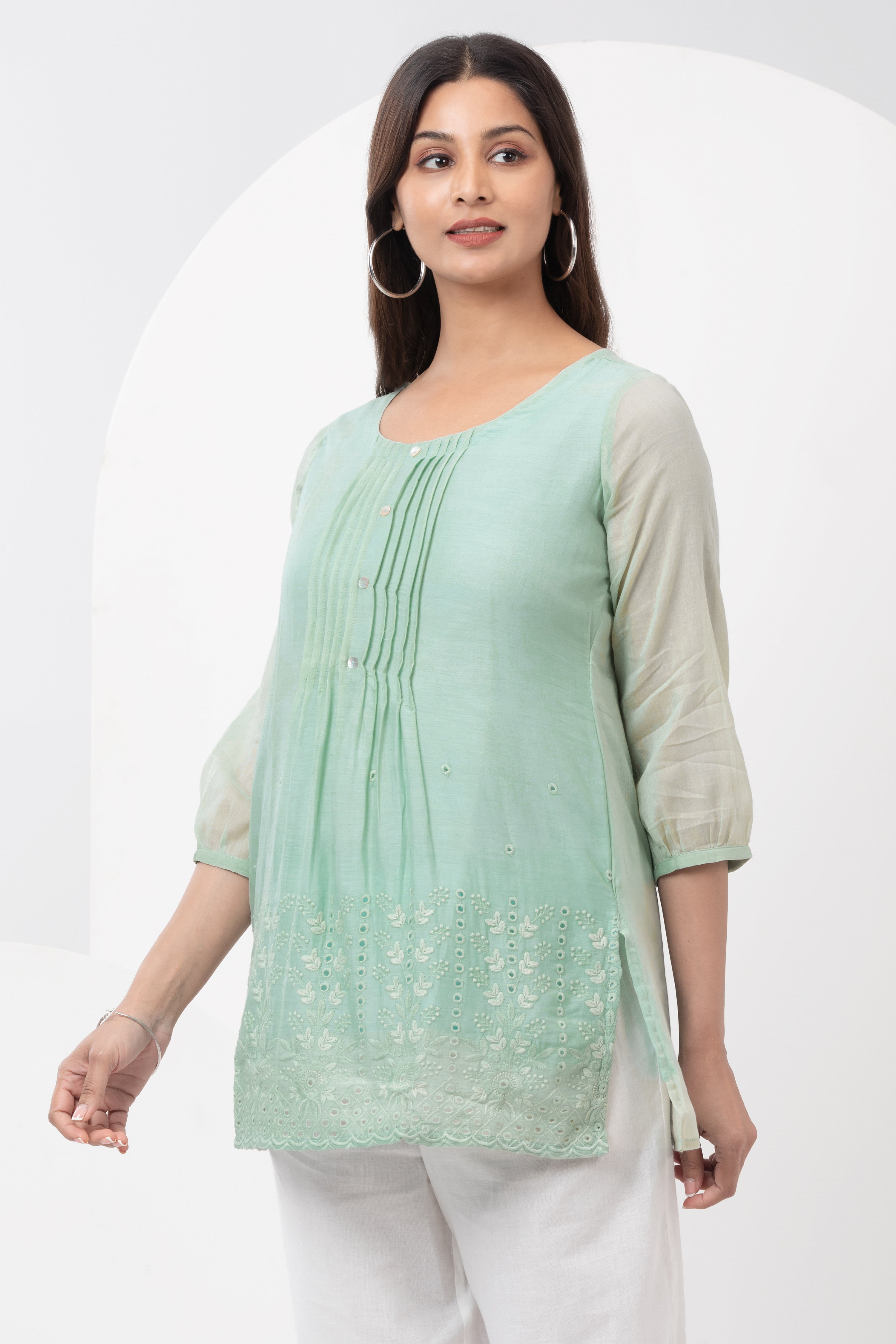 Pin Tuck Tunic with Cutwork - Green