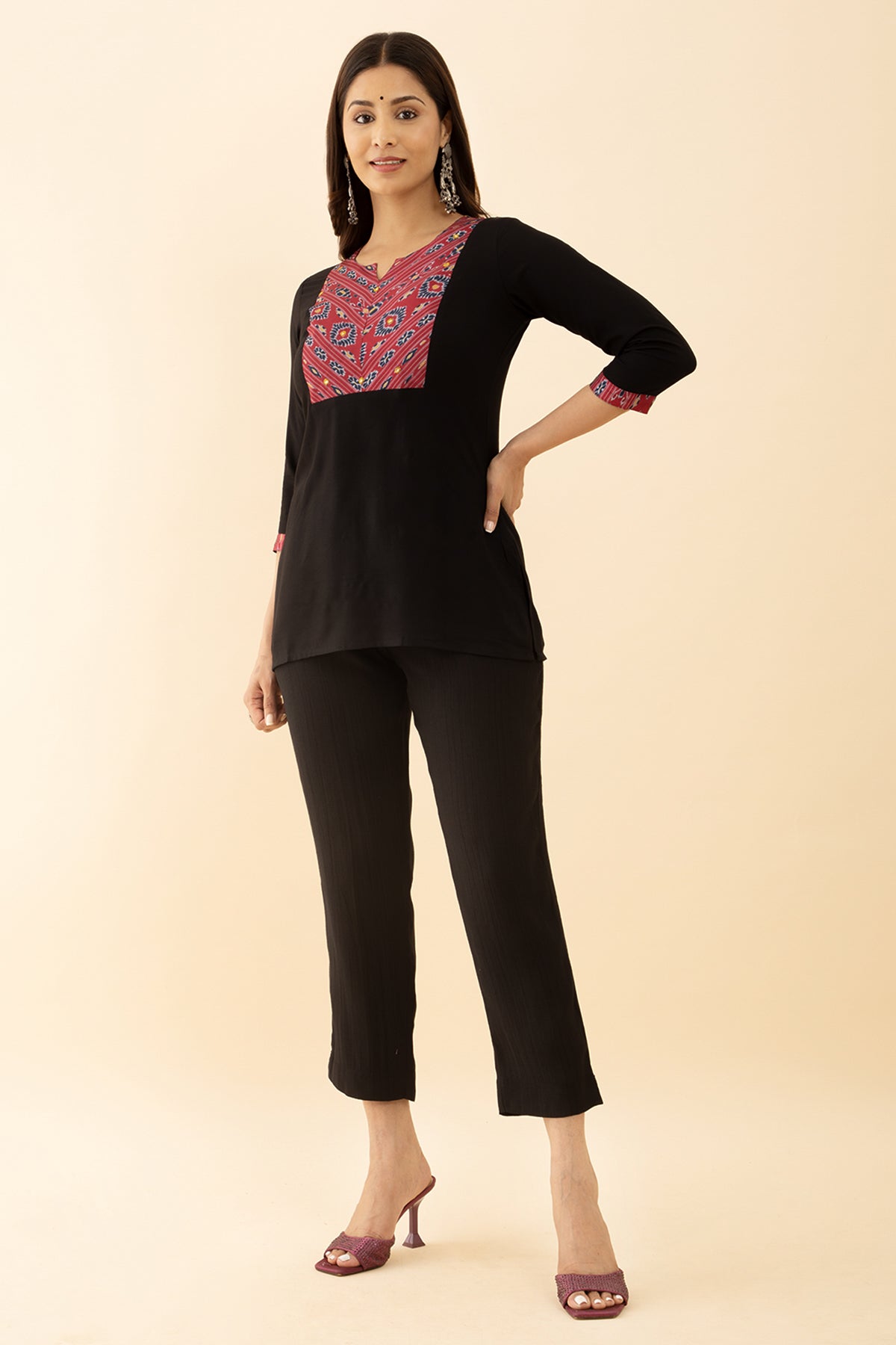 Black Color with Printed Yoke Foil Mirror Detail in Tunic