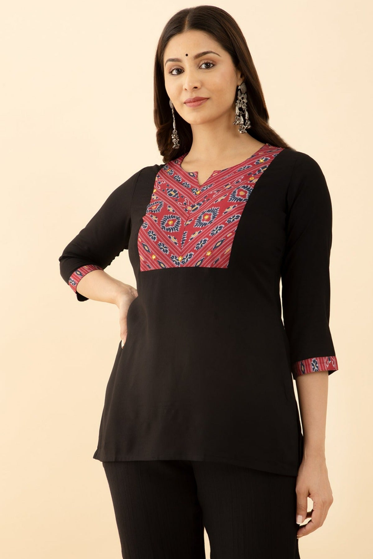 Black Color with Printed Yoke Foil Mirror Detail in Tunic