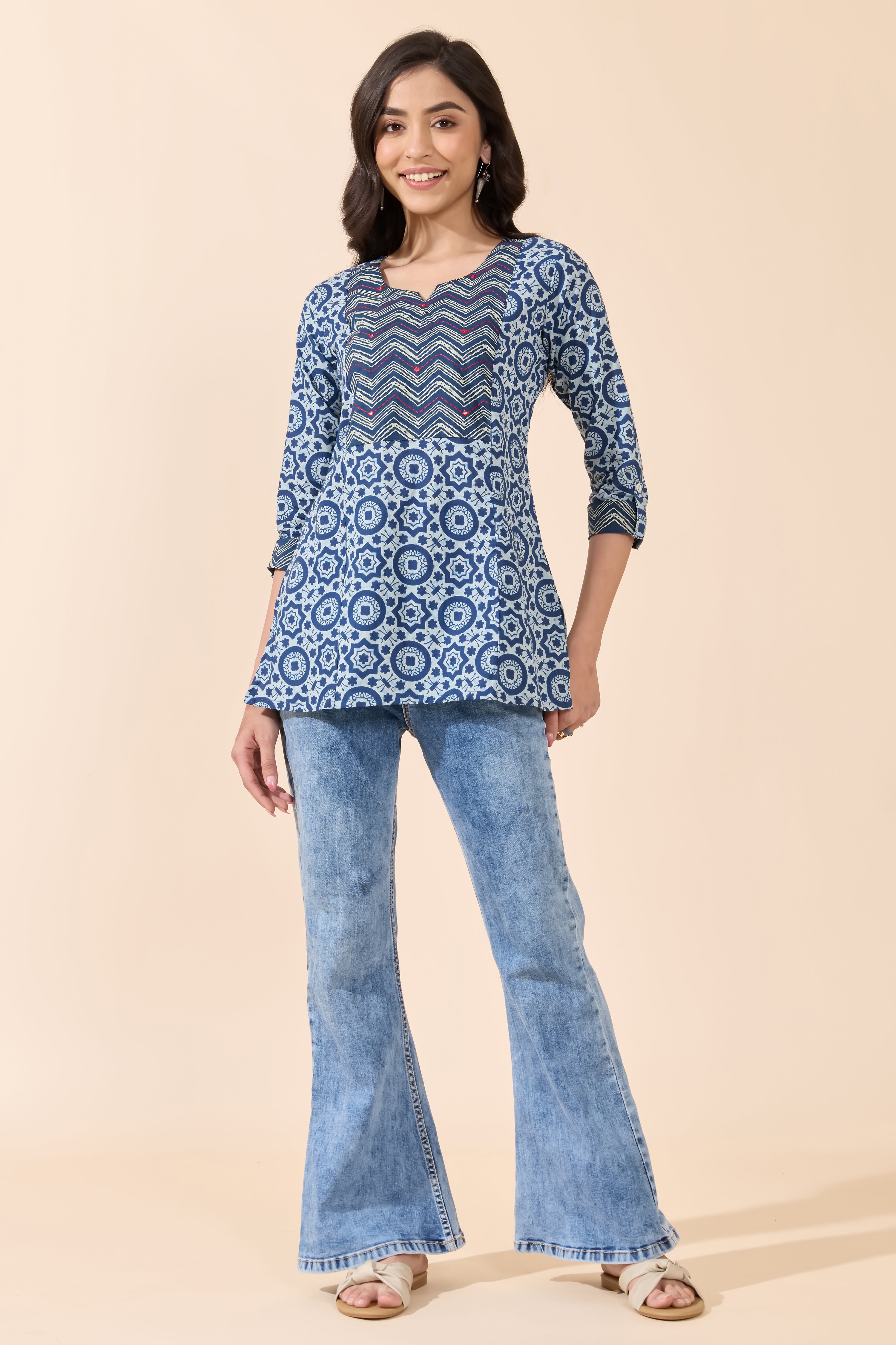 INDIGO TUNIC WITH SQUARE PLACKET AND CONTRAST EMBROIDERY HIGHLIGHTS