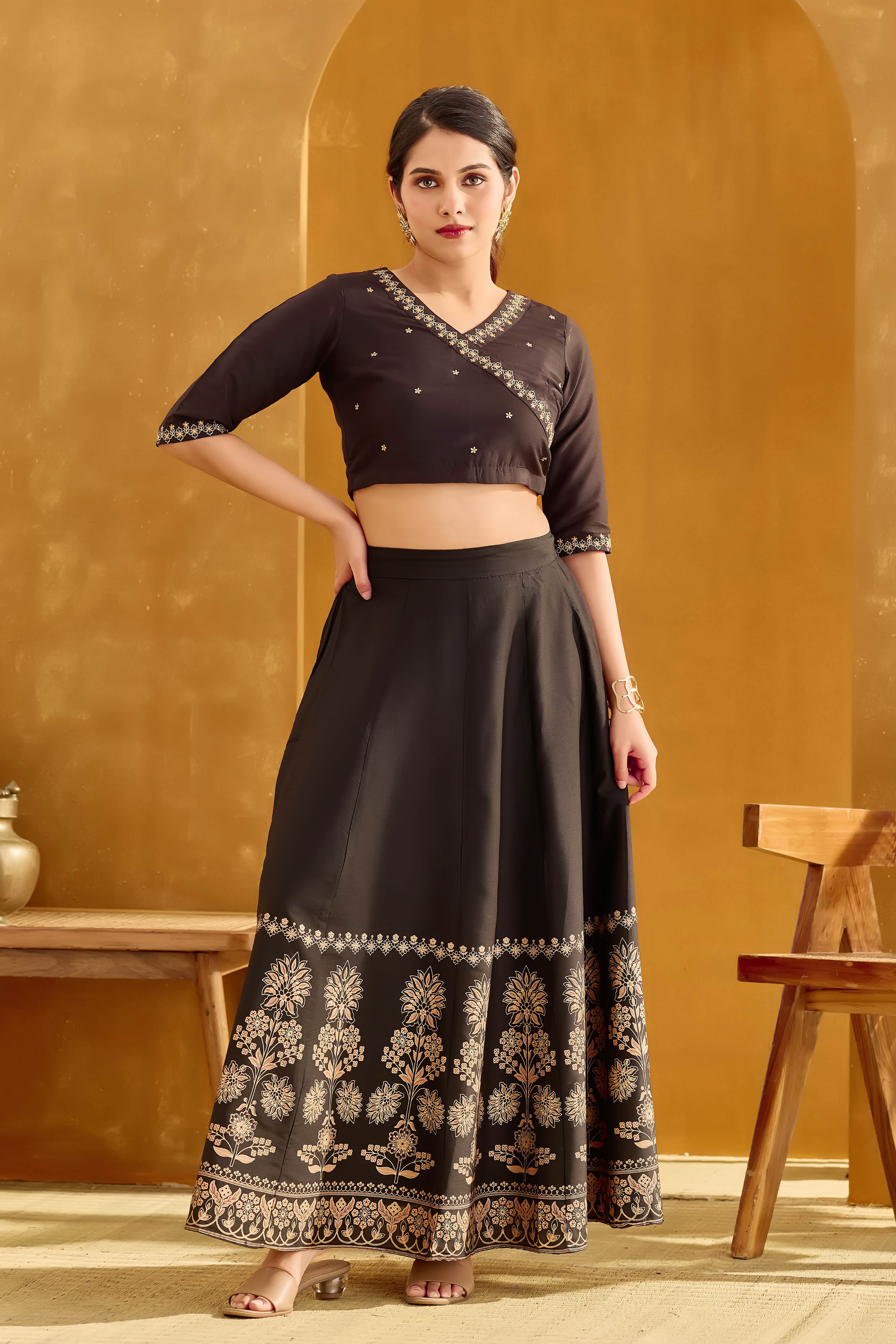 Black Crop Tunic with Golden Embroidery in Silky Slub (Top Only)