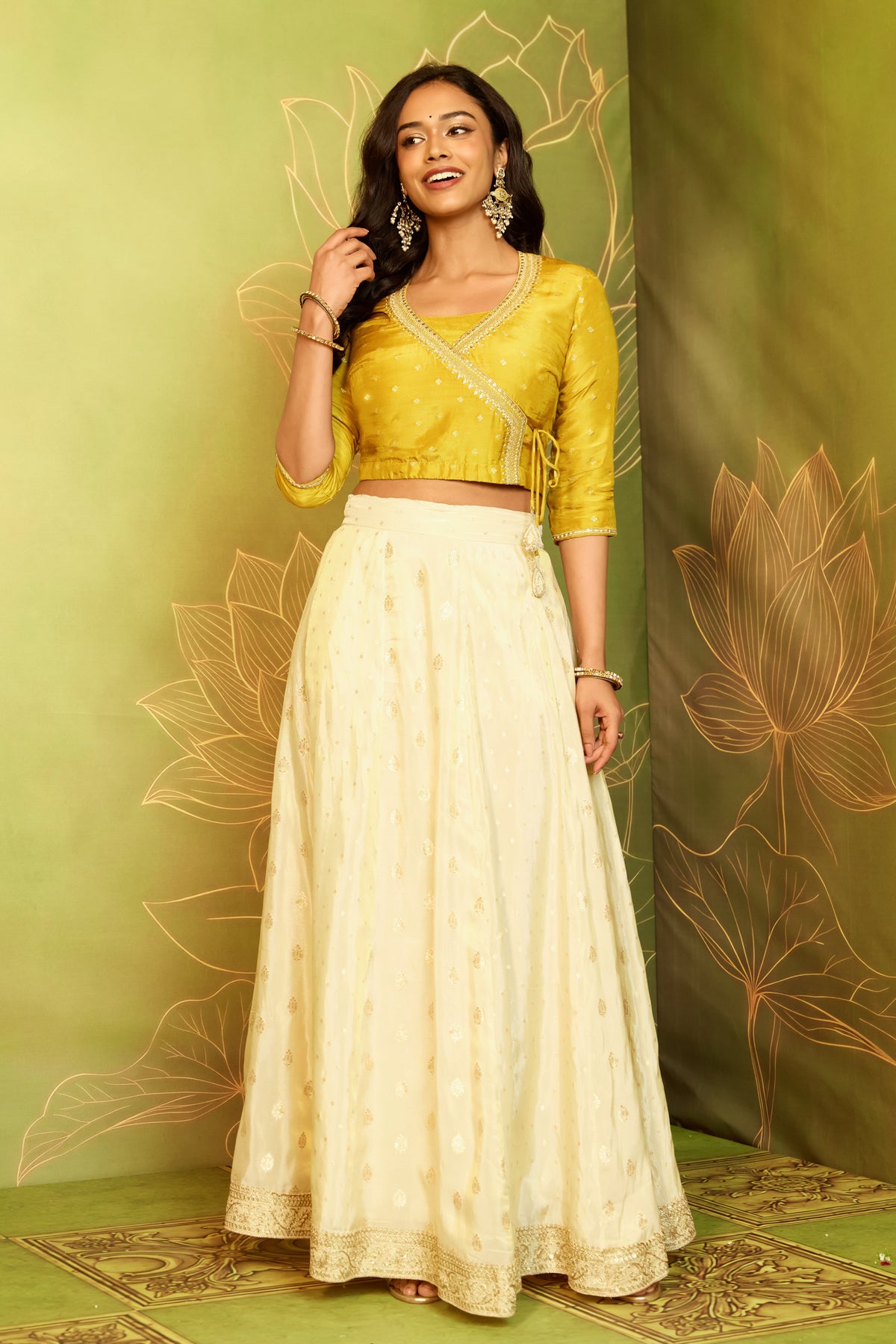 Mustard Embroidered Tie- Up Brocade Crop Top
