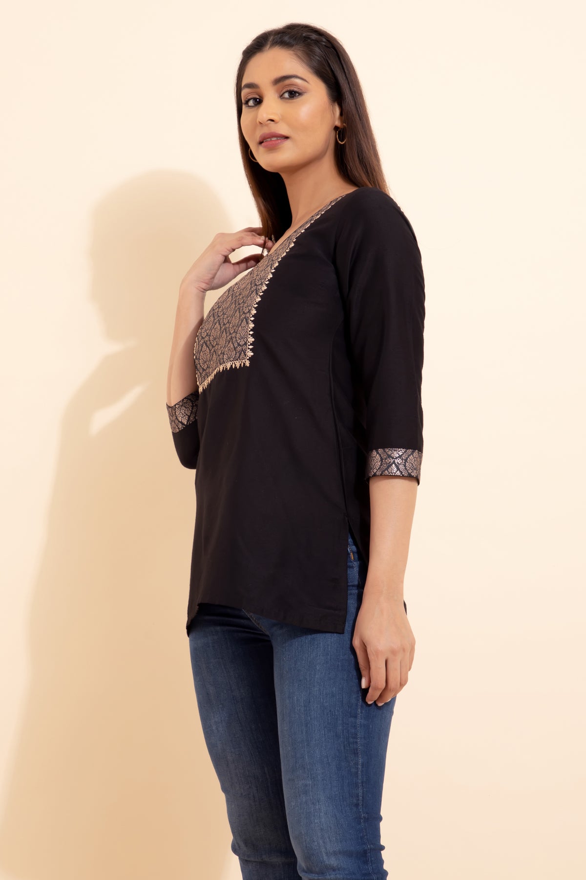 Brocade Yoke Patchwork Tunic - Black
