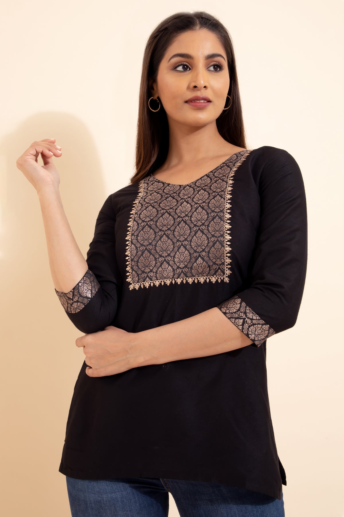 Brocade Yoke Patchwork Tunic - Black
