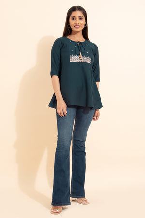 Embroidered Tunic with Foil Mirror Embellishment - Blue