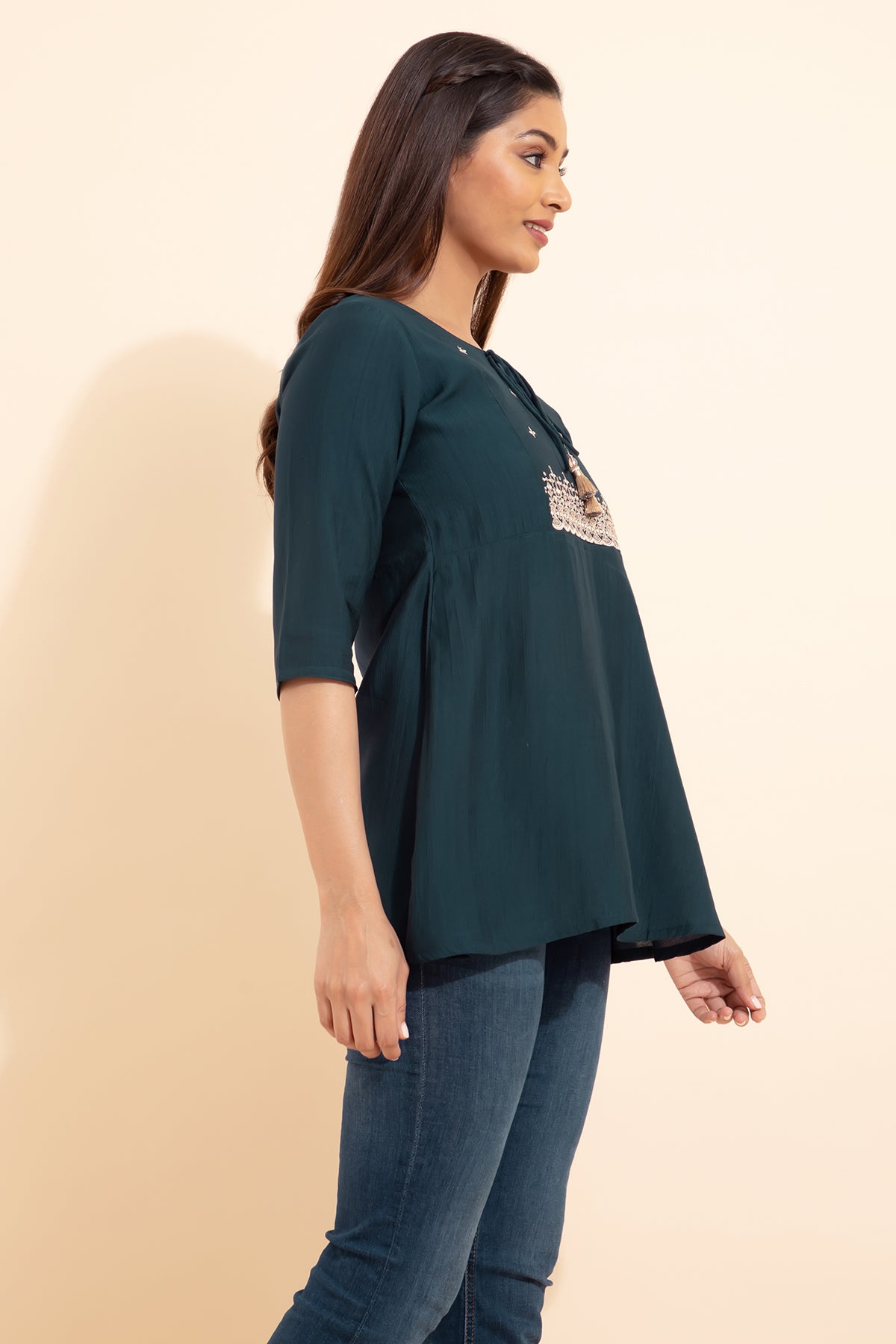 Embroidered Tunic with Foil Mirror Embellishment - Blue