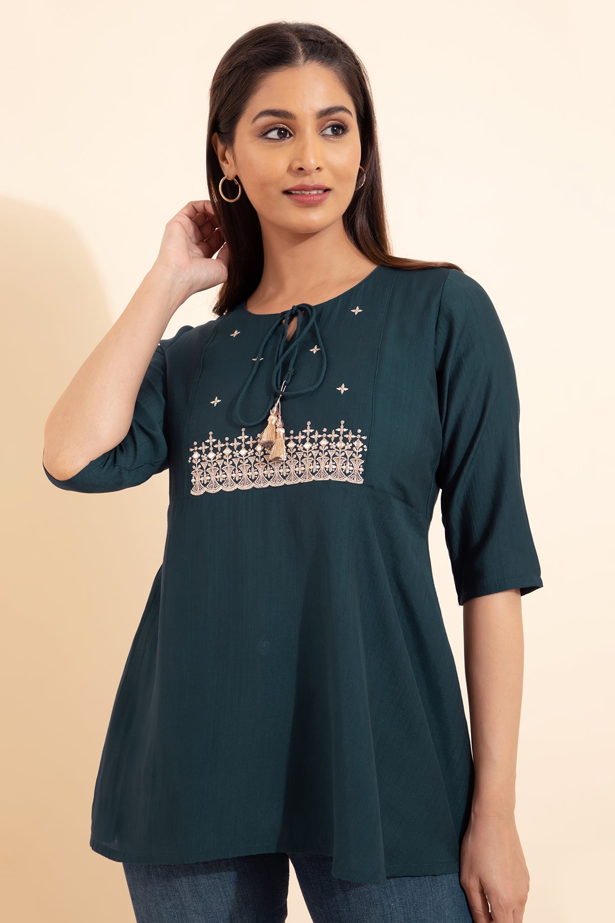 Embroidered Tunic with Foil Mirror Embellishment - Blue