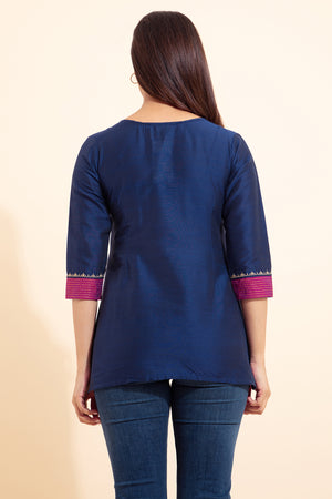 Floral Embroidered Yoke Pachwork Tunic - Blue