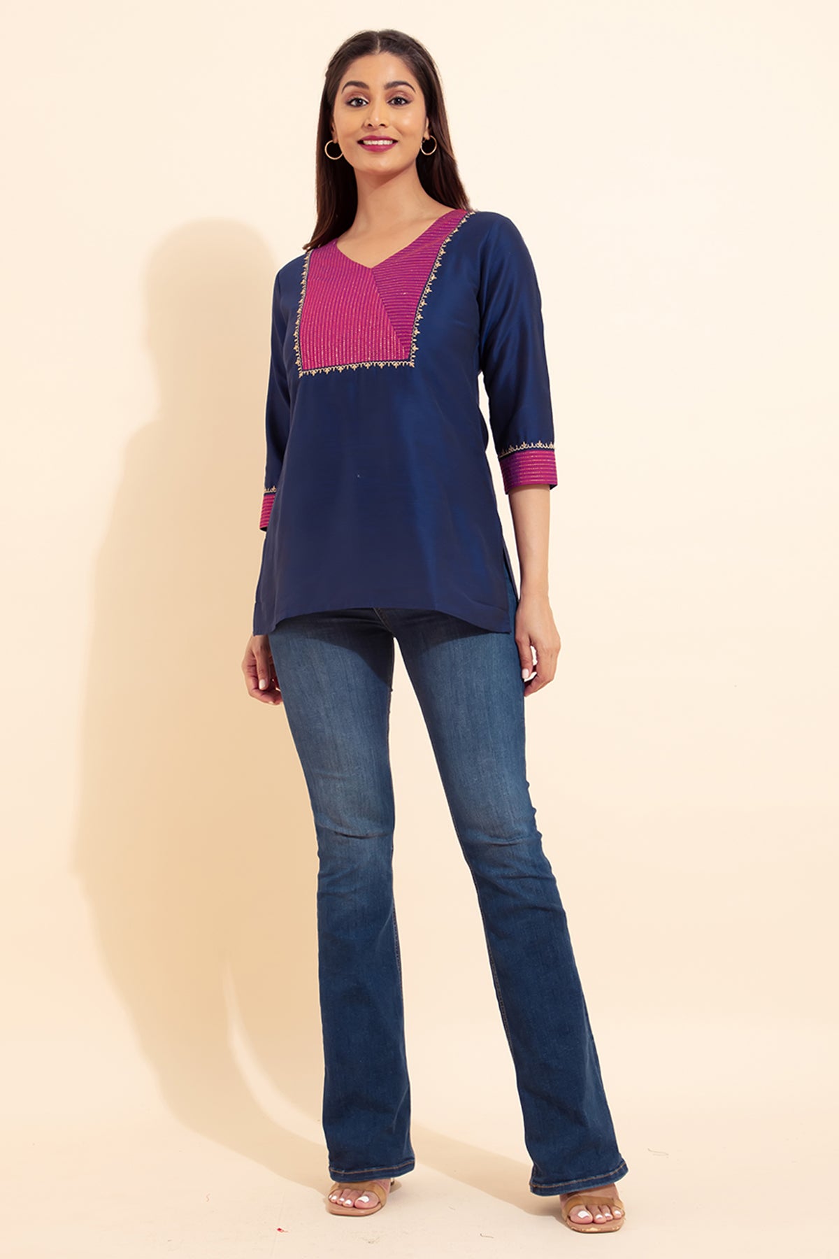 Floral Embroidered Yoke Pachwork Tunic - Blue