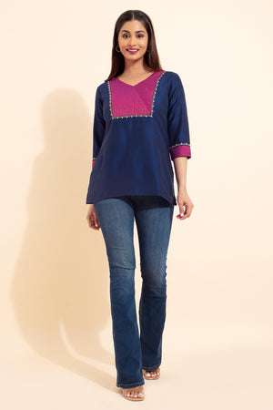 Floral Embroidered Yoke Pachwork Tunic - Blue