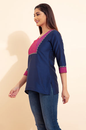 Floral Embroidered Yoke Pachwork Tunic - Blue