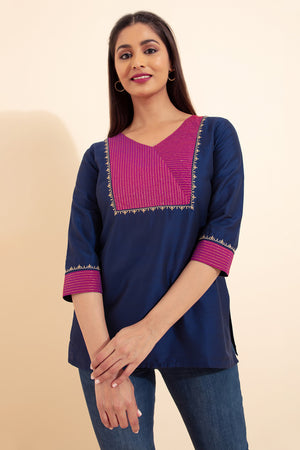 Floral Embroidered Yoke Pachwork Tunic - Blue