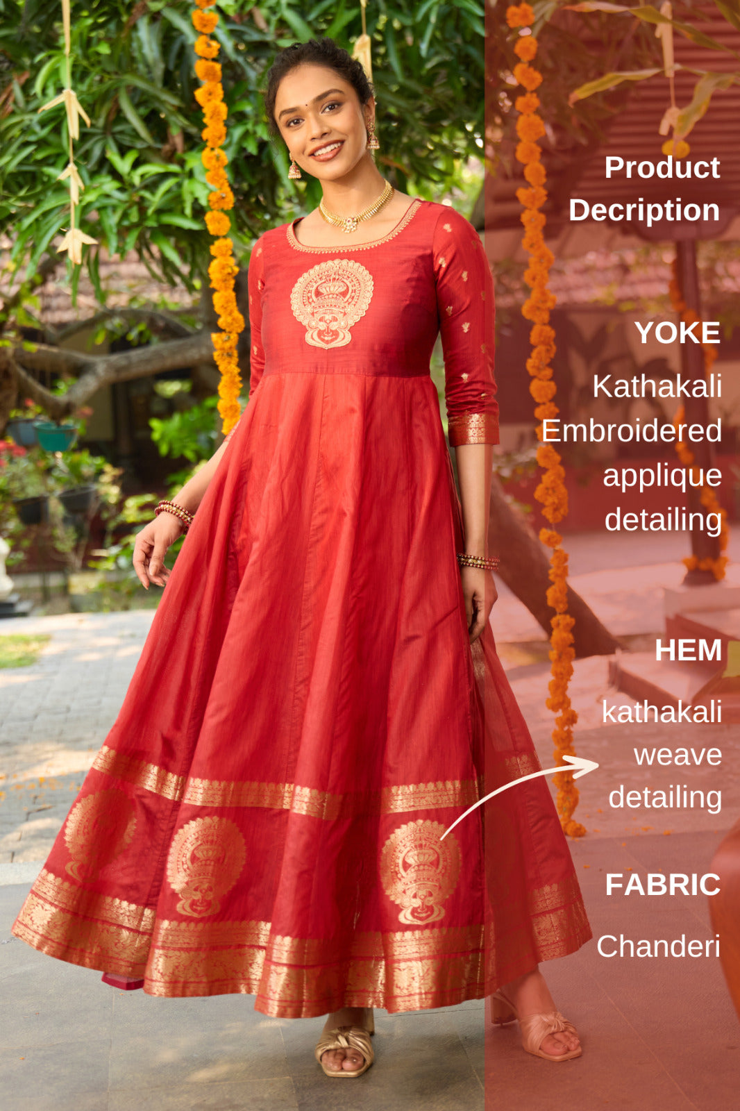 Woven Kathakali Red Anarkali with Applique Yoke