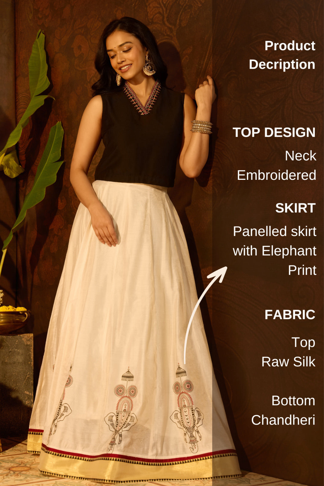 Elephant Printed Black & OffWhite Onam Skirtset with Embroidered Top