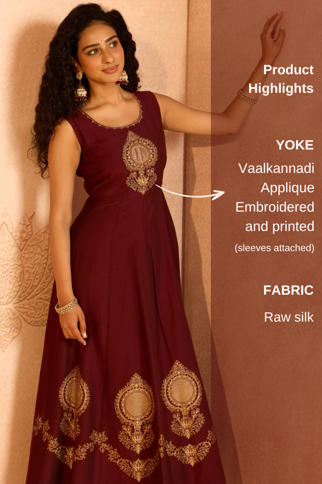 Vaalkannadi Applique Embroidered Wine Raw Silk Anarkali