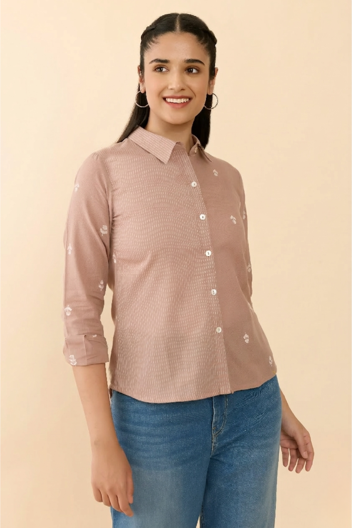 LIGHT BROWN PRINTED COTTON SHIRT TUNIC