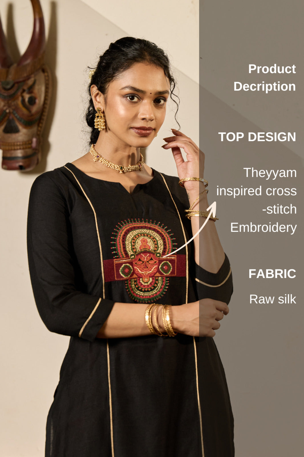 Black Raw Silk Theyyam Embroidered Kurta