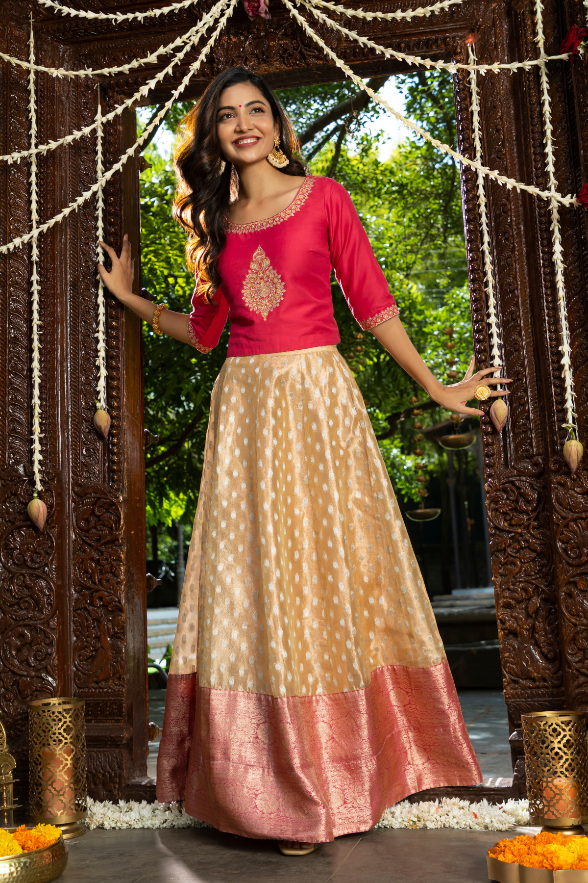 Floral Placement Embroidered Top Brocade Weave With Zari Border Skirt Set Pink Mustard
