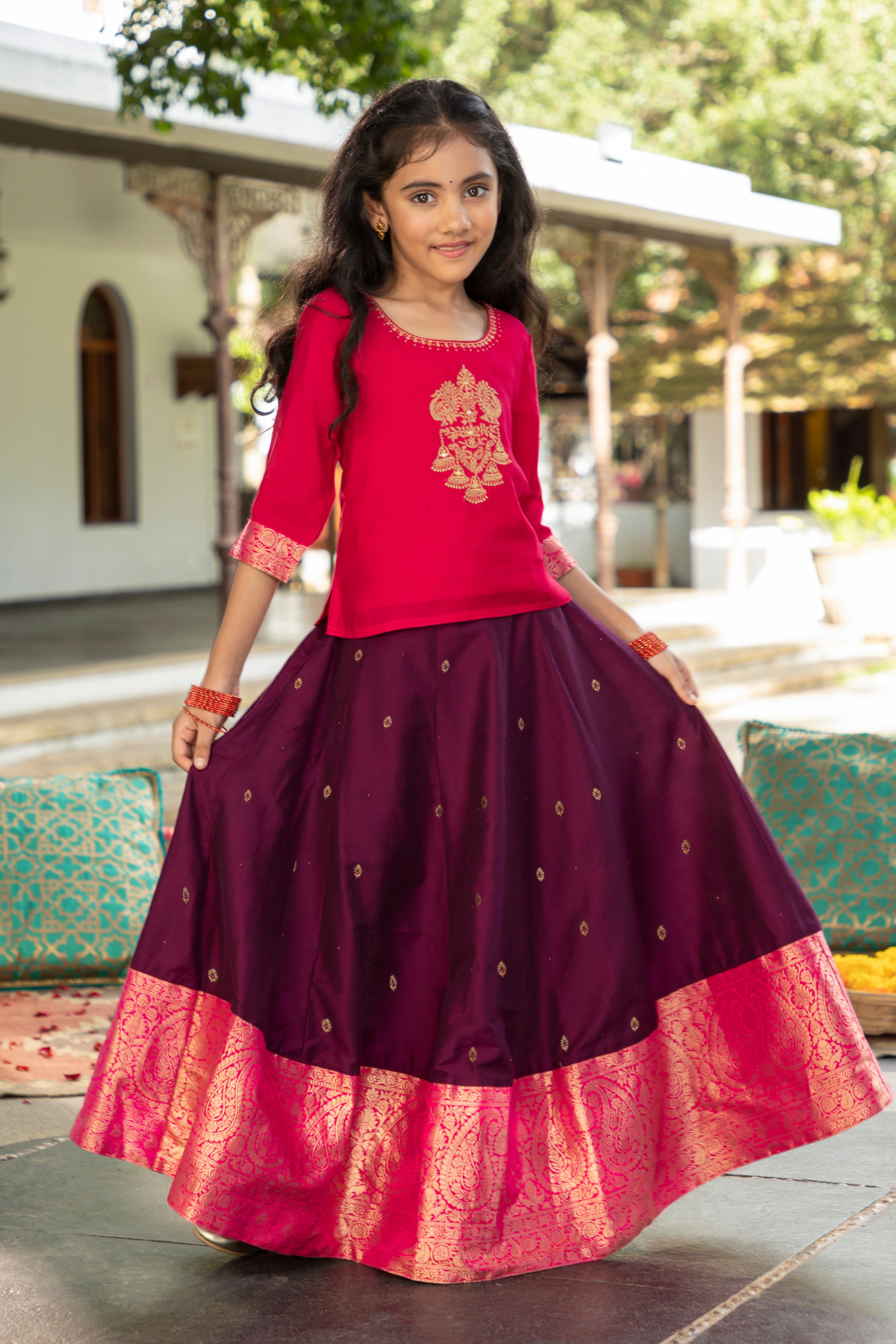 Peacock Embroidered Top With Traditional Zari Border Kids Skirt Set - Pink & Burgundy