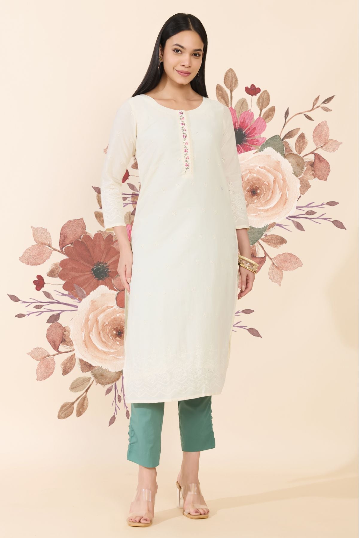 OFF WHITE EYELET EMBROIDERED COTTON KURTA