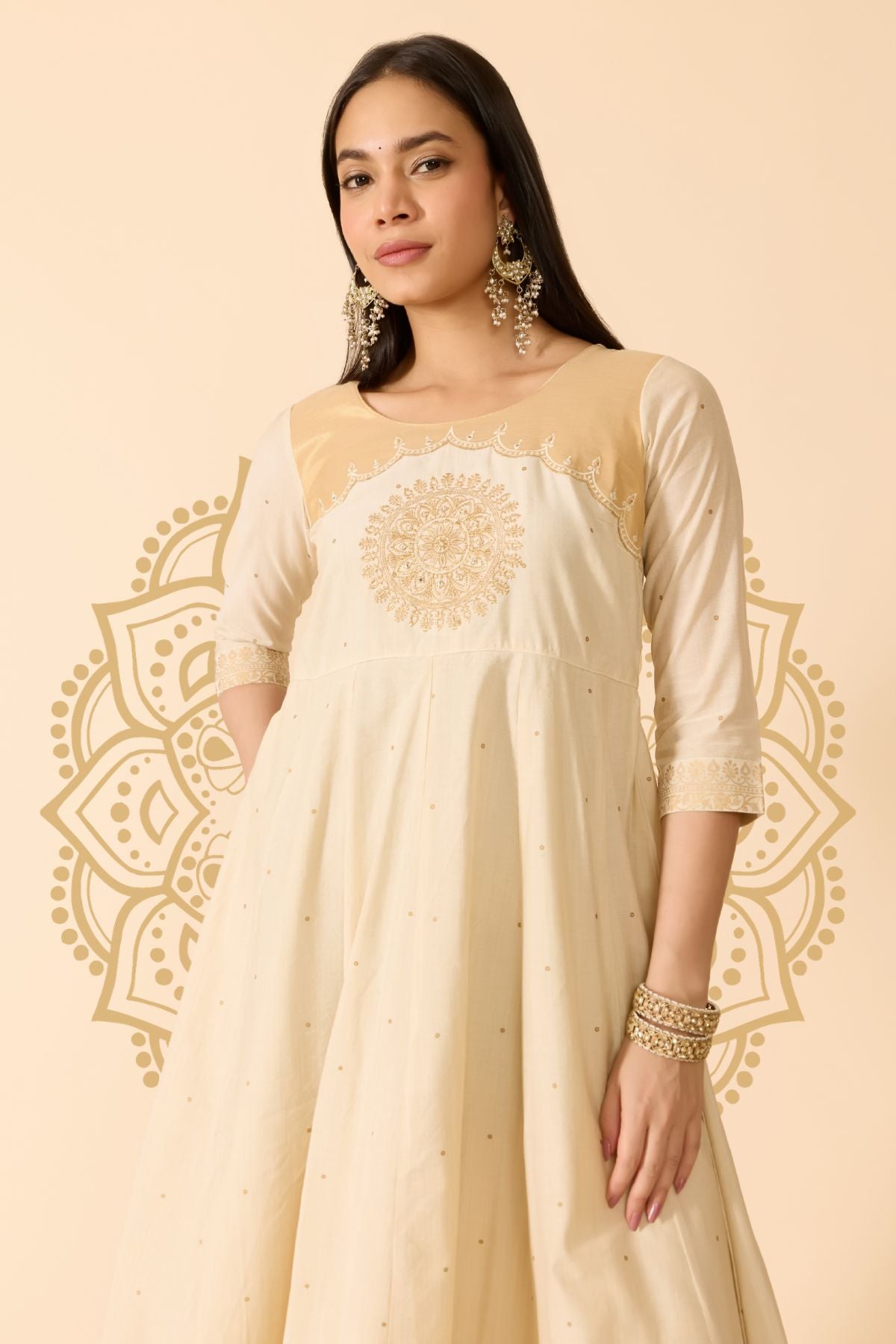 OFF WHITE ANARKALI WITH MOTIF PRINT
