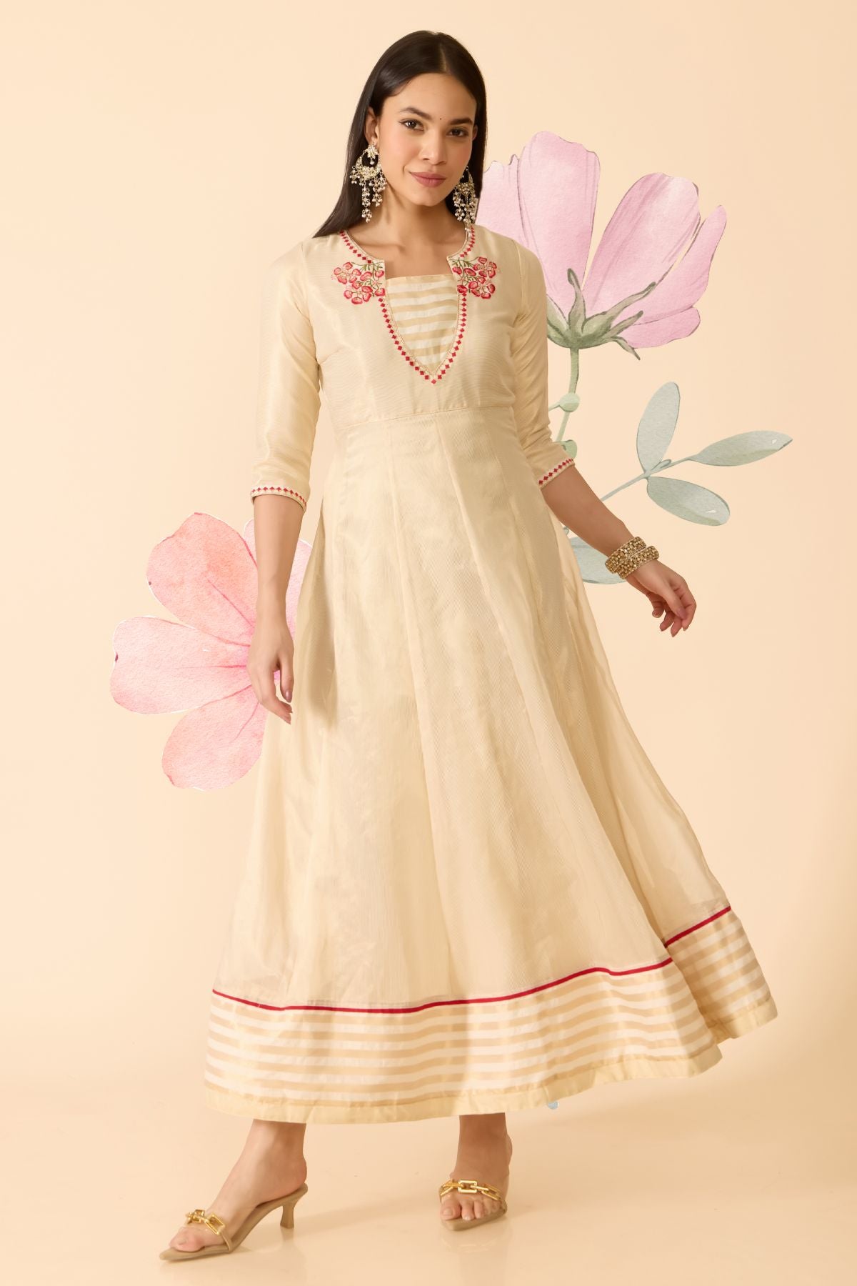 BEIGE ANARKALI WITH FLORAL NECK