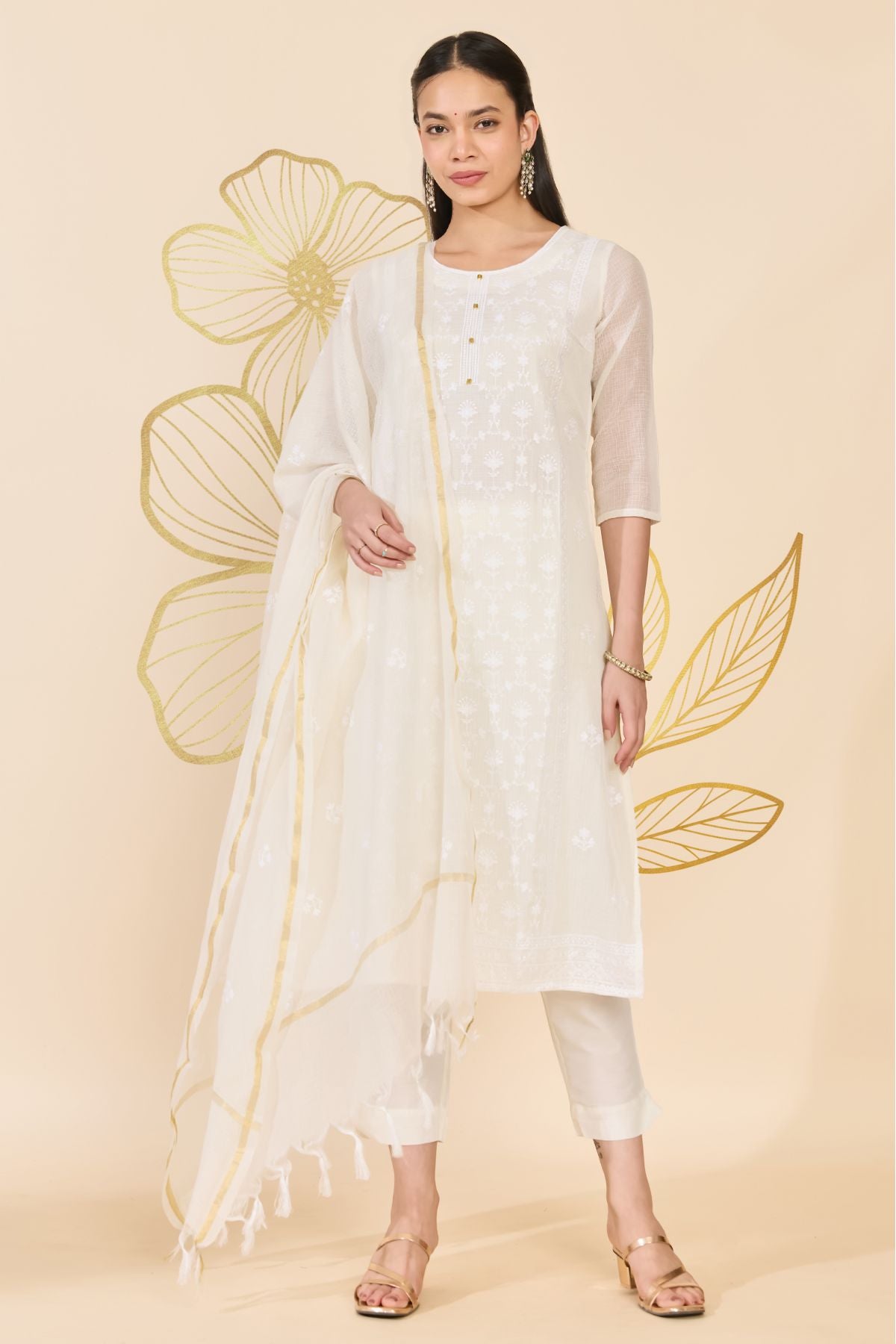 WHITE COTTON KOTA DORIA KURTA SET