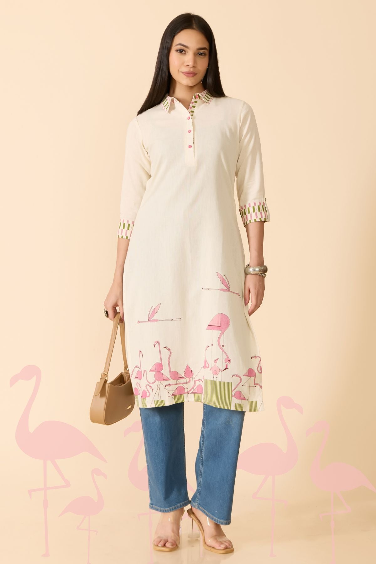 OFF WHITE SWAN PRINTED COTTON KURTA