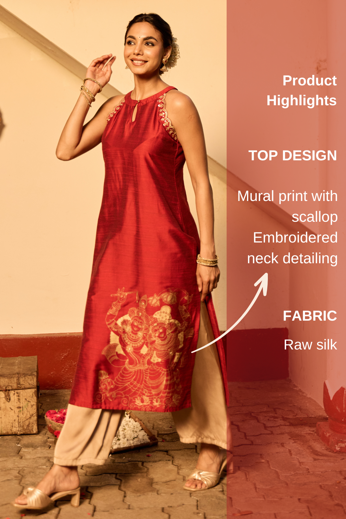 Red Mural Printed Raw Silk Kurta