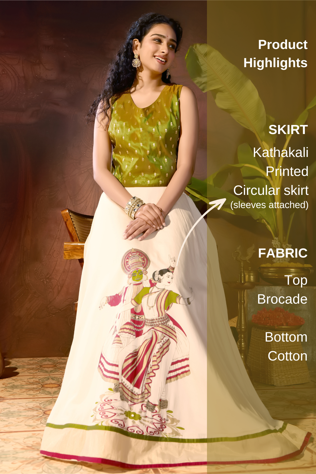 Green Brocade Crop Top & Kathakali Printed Skirt Set