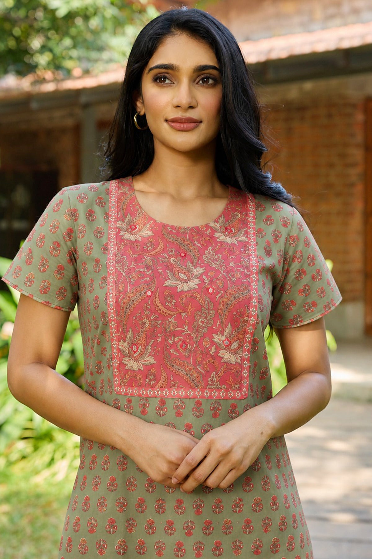 Grey Paisley Cotton Nightwear with Floral Yoke