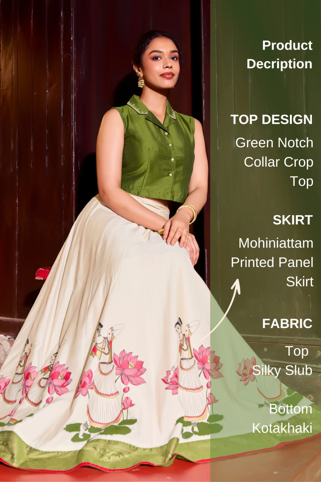 Green Notch Collar Crop Top & Mohiniyattam Printed Skirt Set