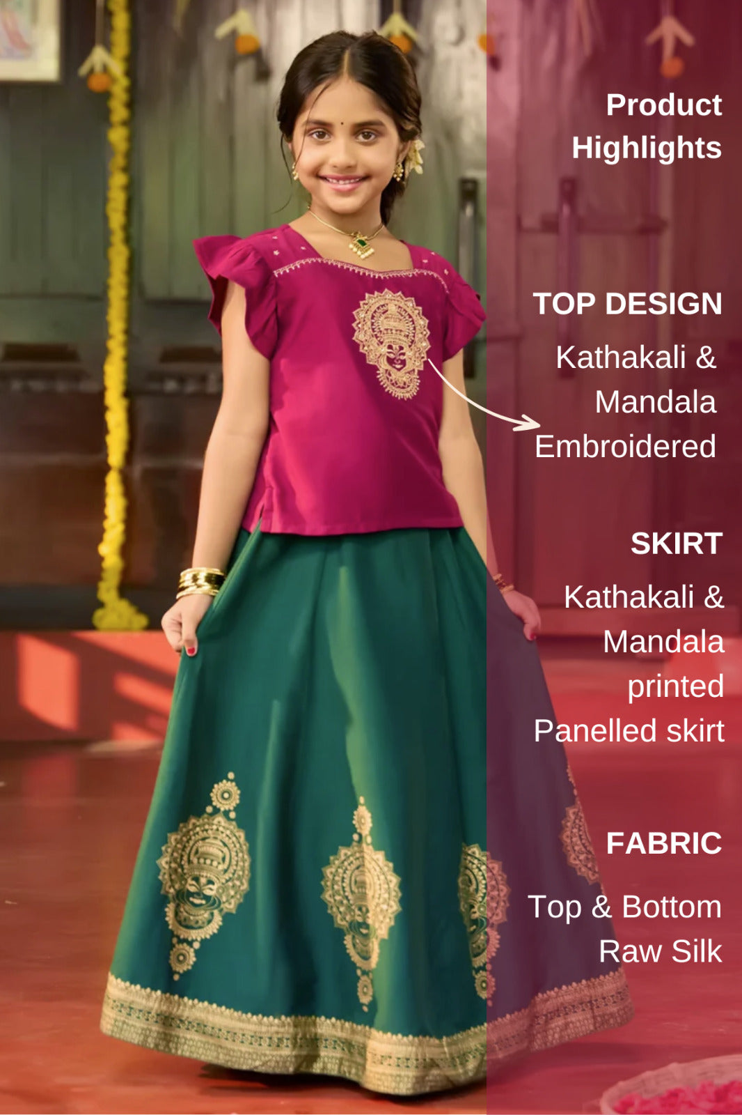 Magenta Kathakali & Mandala Embroidered Kids Skirt Set