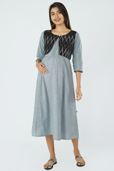 Minimal Foil Mirror Embroidered Maternity Dress attached with Ikkat waistcoat - Black