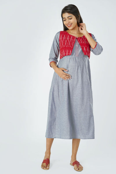 Minimal Foil Mirror Embroidered Maternity Dress attached with Ikkat waistcoat - Red