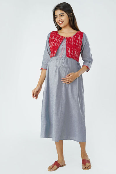 Minimal Foil Mirror Embroidered Maternity Dress attached with Ikkat waistcoat - Red