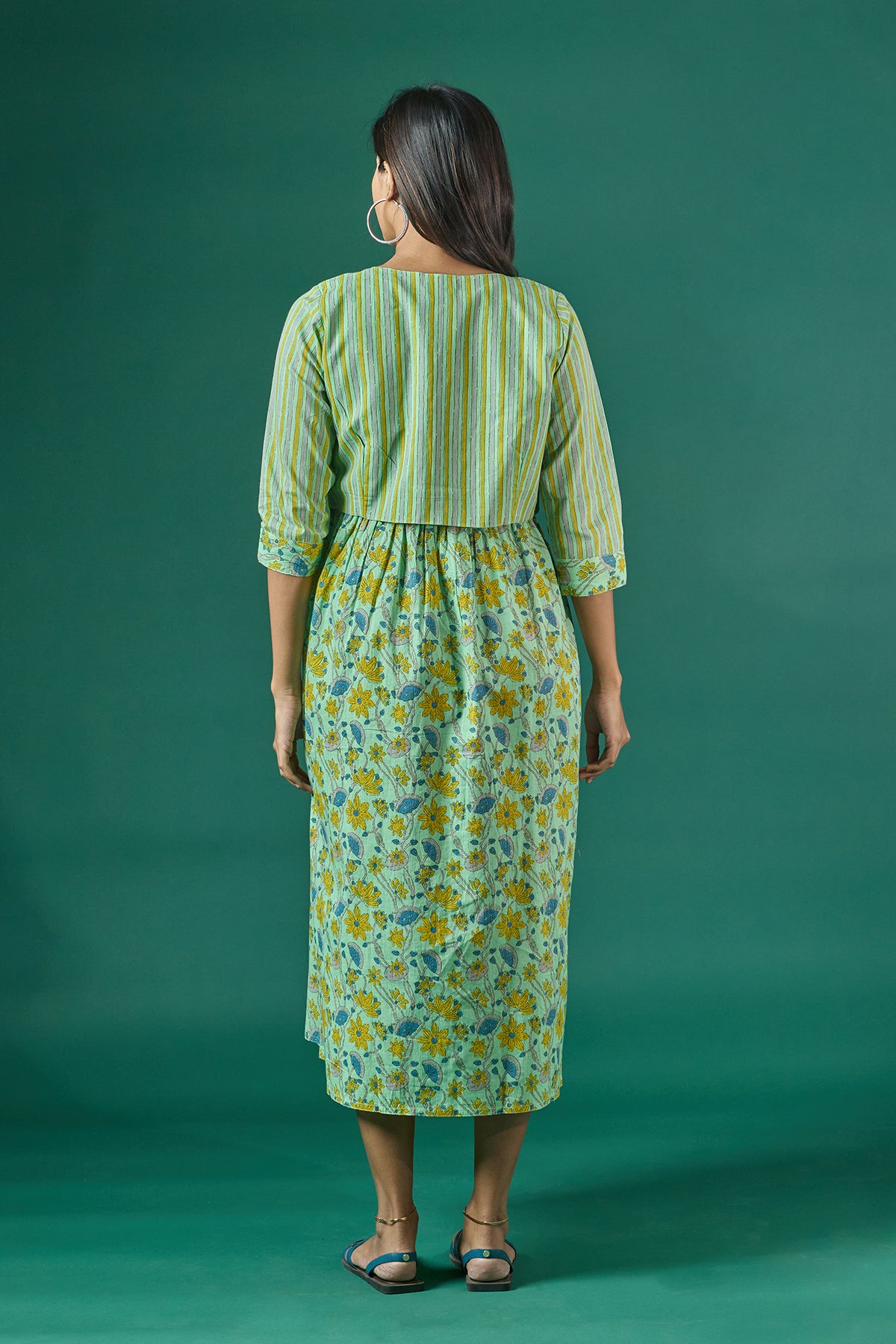 Floral Printed Maternity Kurta with Striped Jacket Green
