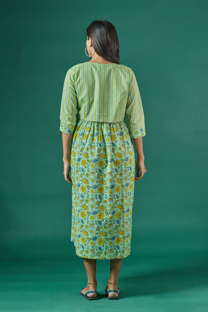 Floral Printed Maternity Kurta with Striped Jacket Green
