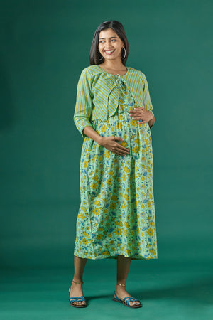 Floral Printed Maternity Kurta with Striped Jacket Green