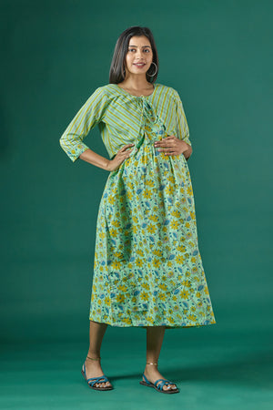 Floral Printed Maternity Kurta with Striped Jacket Green
